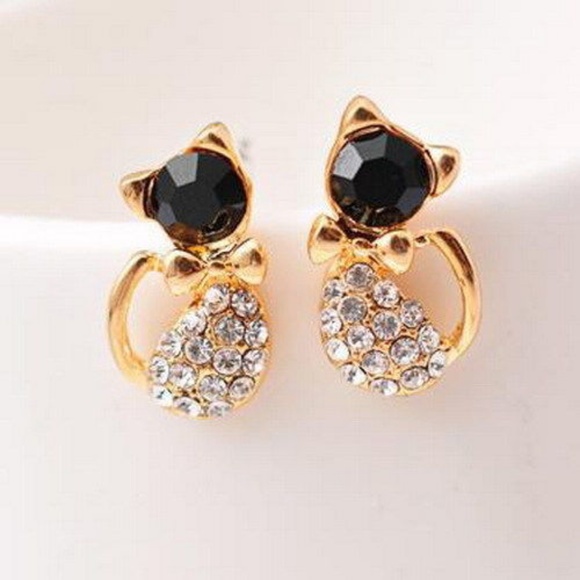 Crystal and Gold Tuxedo Cat Earrings - Picture 3 of 4